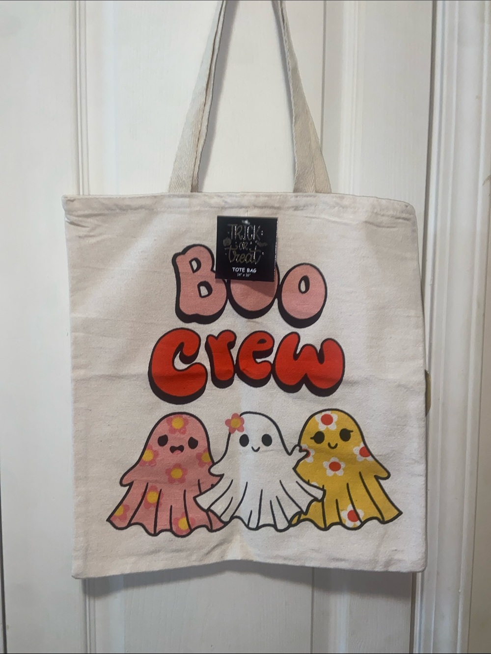 Boo Crew Canvas Tote Bag - Cream with Pink, Red & Yellow Ghosts